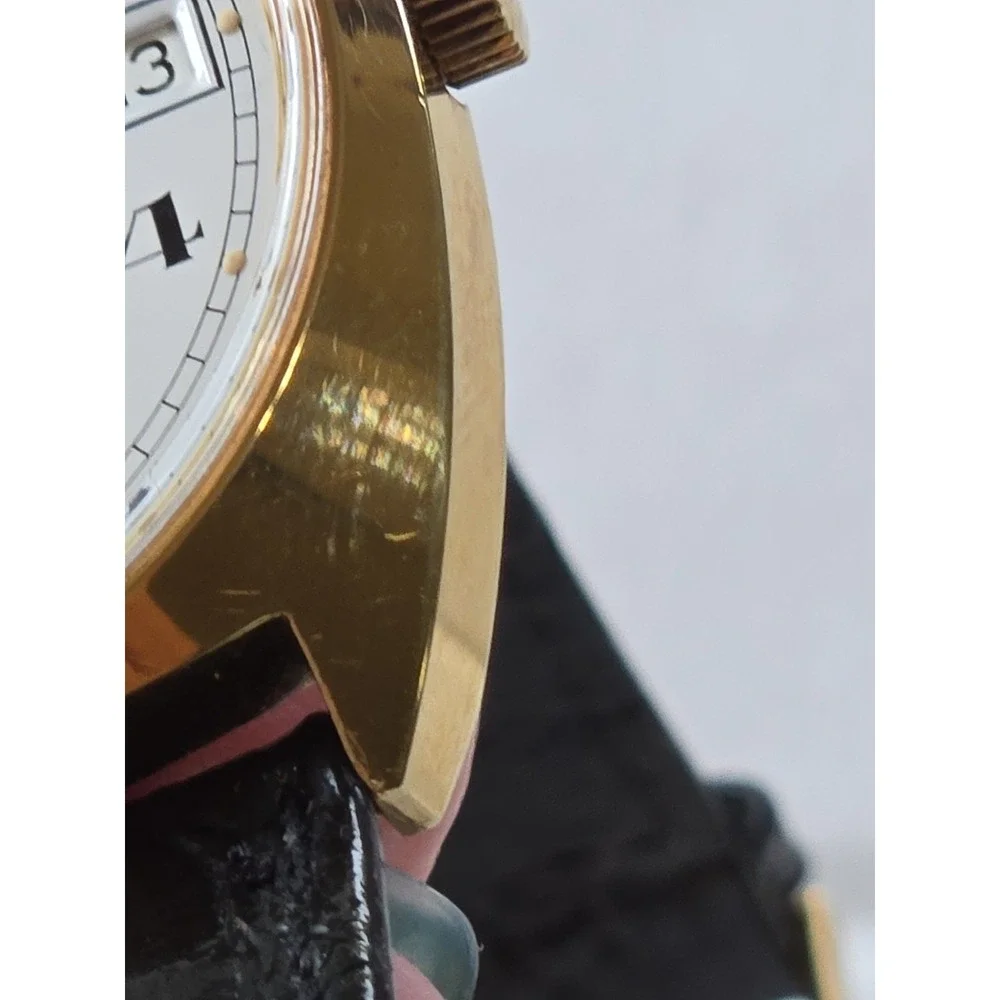 Bucherer Mens Watch. Plaque Ten Micron Gold, Automatic,Date,Leather Band.